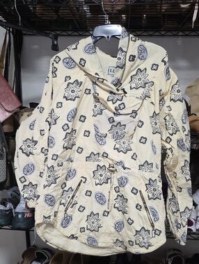 L.L. Bean Cream Hooded Anorak with Blue & Gray, Yellow Floral Print